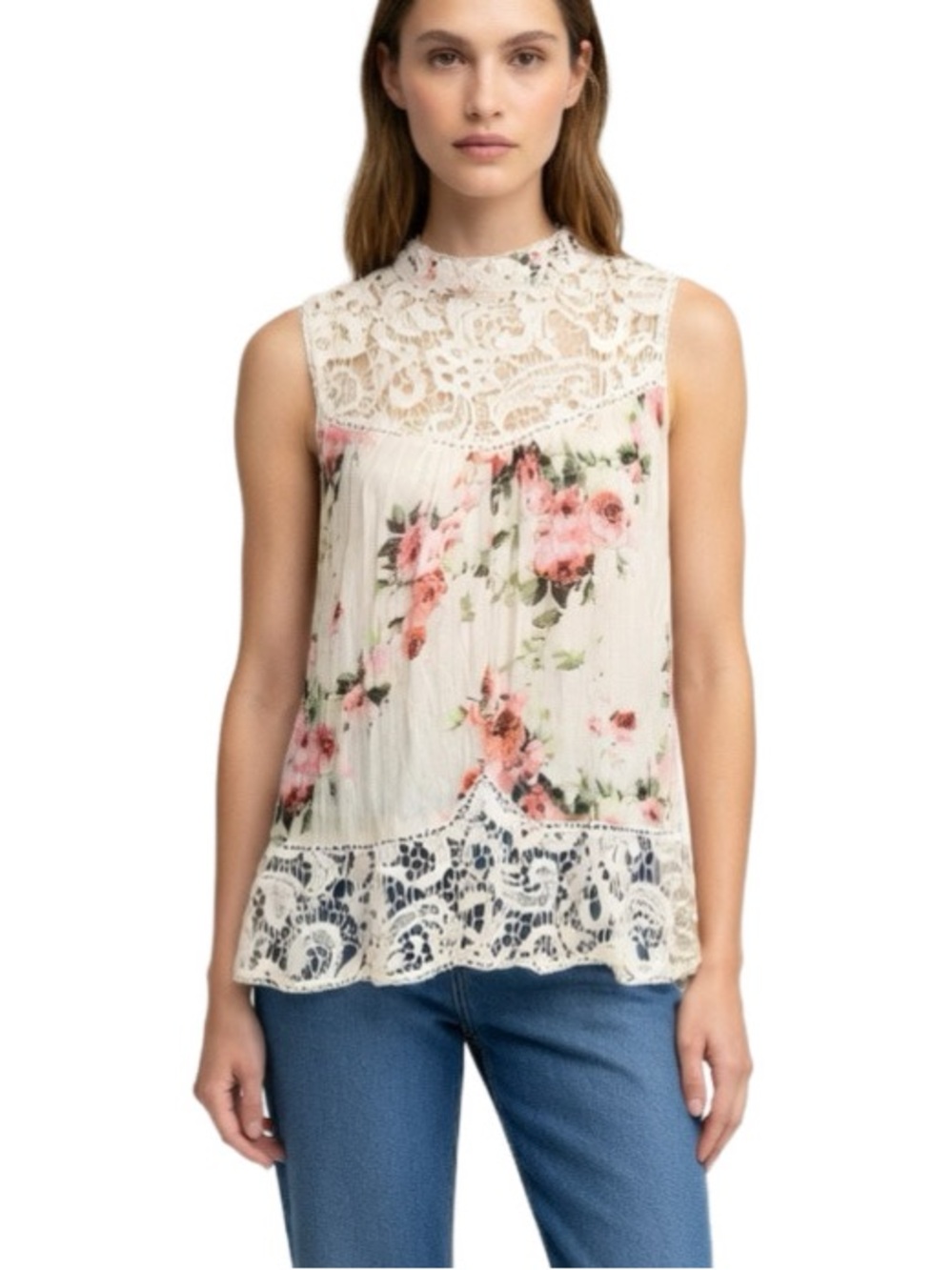 VENUS Lace Pink & White Flowy Sleeveless Top
